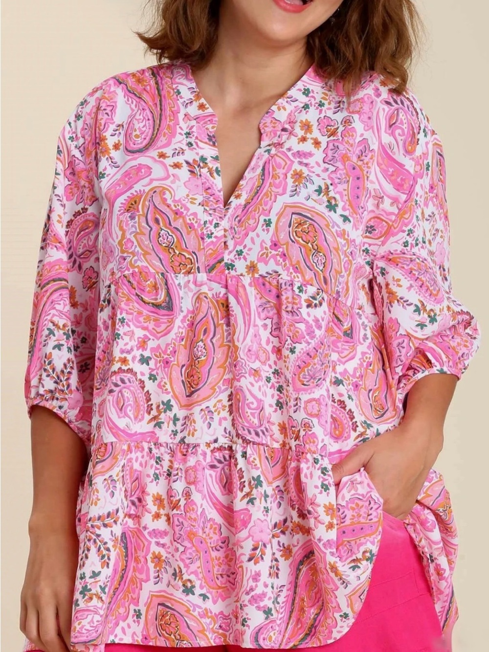 Umgee Pink Paisley Split-Neck Tunic Top